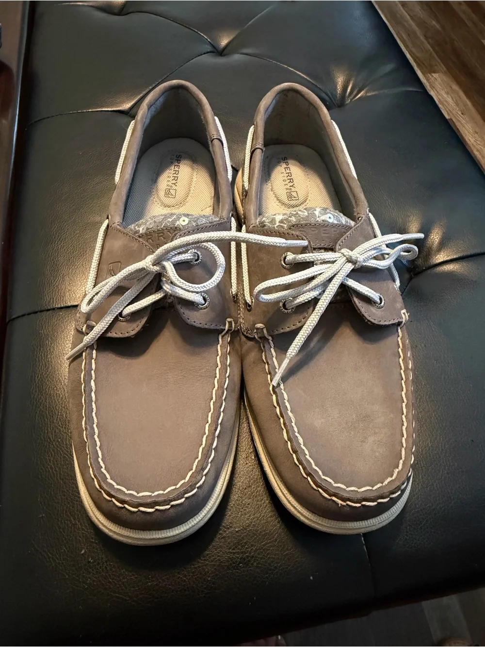Sperry Taupe Leather Boat Shoes with White Laces